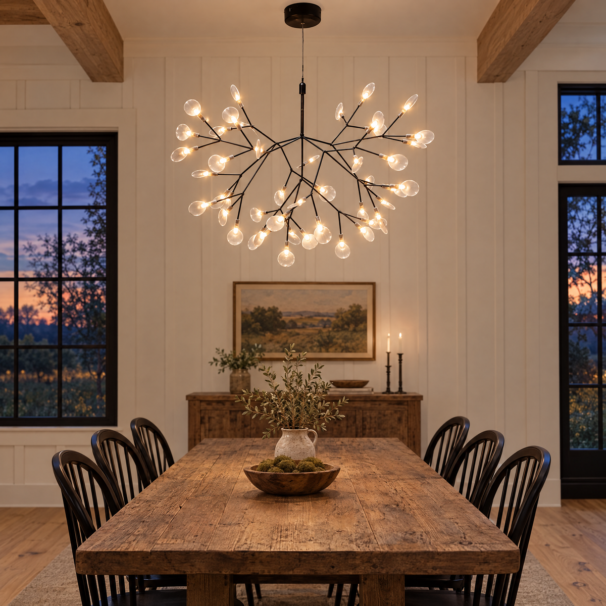 Luciole firefly LED branch chandelier in black, ∅28.3" x H18.1" round, in a modern farmhouse dining room