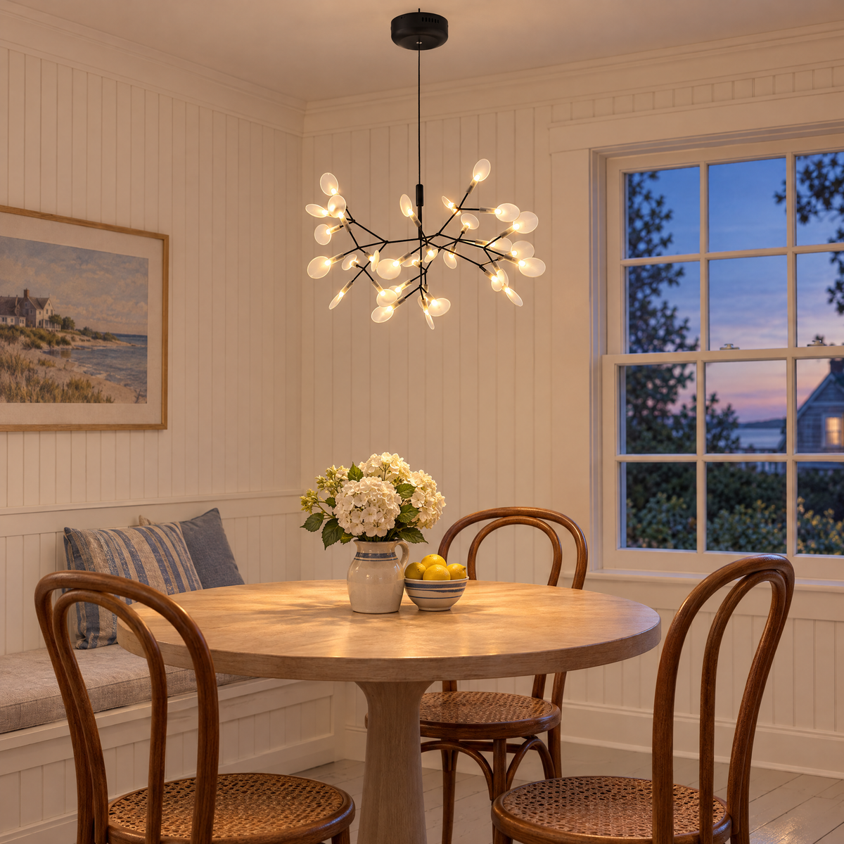 Luciole firefly LED branch chandelier in black, ∅19.7" x H11.8" round, in a Cape Cod cottage breakfast nook