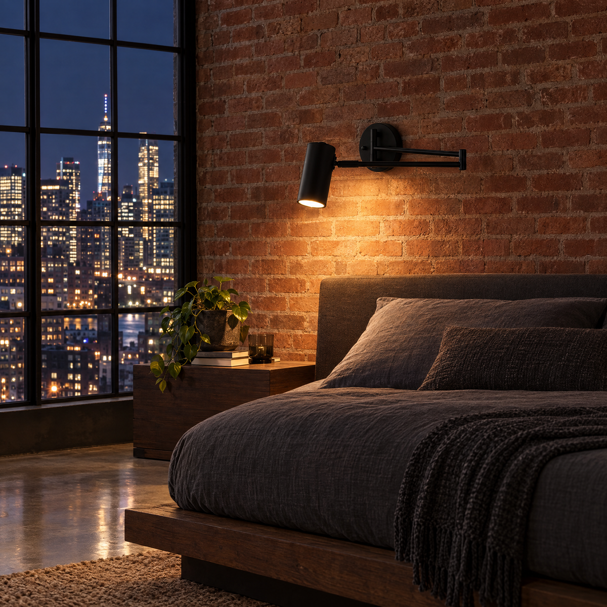Tilda swing arm wall sconce in black beside the bed in a Manhattan loft bedroom