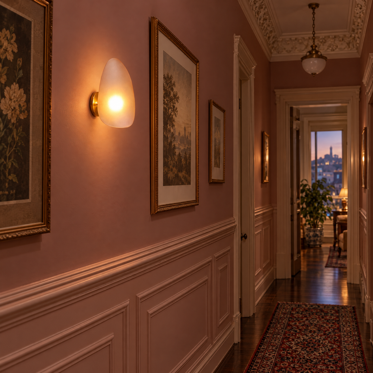 Opaline wall sconce in Amber &amp; Gold, shape ∅7.1" x H11.8" in a Victorian San Francisco row house hallway