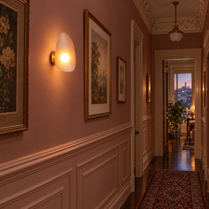Opaline wall sconce in Amber &amp; Gold, shape ∅7.1" x H11.8" in a Victorian San Francisco row house hallway