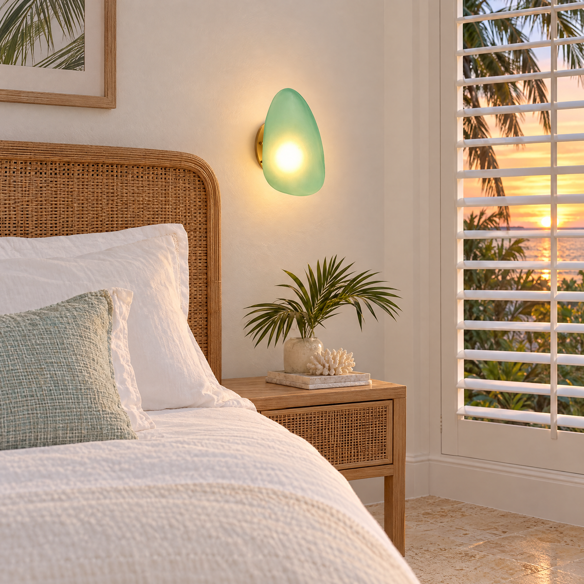 Opaline wall sconce in Green &amp; Gold, shape ∅7.1" x H11.8" in a Florida coastal home bedroom