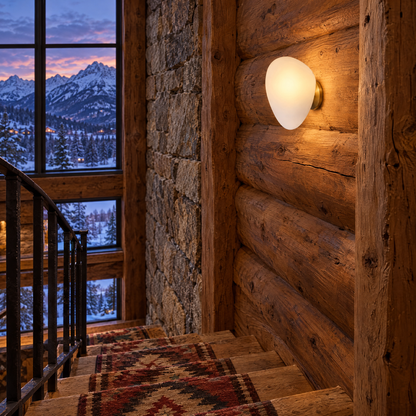 Opaline wall sconce in White &amp; Gold, shape ∅7.8" x H11.8" in a Colorado mountain lodge stairwell
