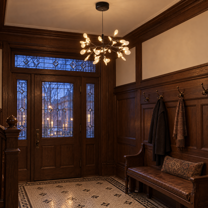 Luciole firefly LED branch chandelier in black, ∅19.7" x H11.8" round, in a Chicago greystone entryway