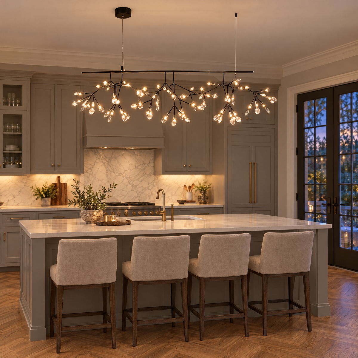 Luciole firefly LED branch chandelier in black, L47.2" linear, in an Atlanta transitional home kitchen
