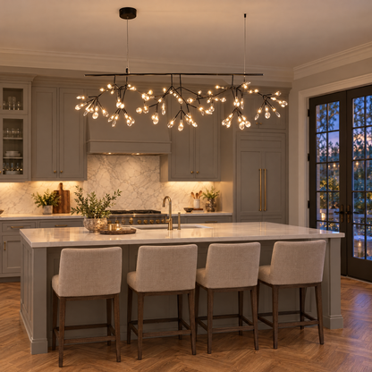 Luciole firefly LED branch chandelier in black, L47.2" linear, in an Atlanta transitional home kitchen