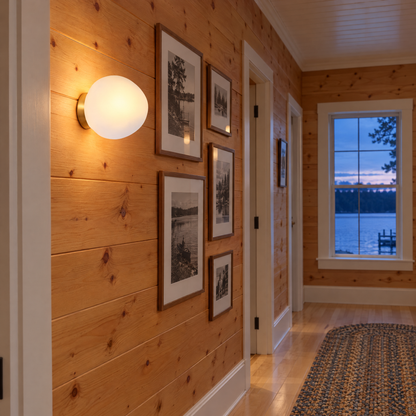 Opaline wall sconce in White &amp; Gold, shape ∅8.6" x H8.6" in a Minnesota lake house hallway