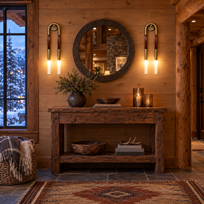 Palomino wall sconce in aged bronze &amp; brown in a Colorado mountain lodge entryway