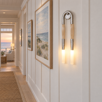 Palomino wall sconce in nickel &amp; beige in a Hamptons shingle-style beach house hallway