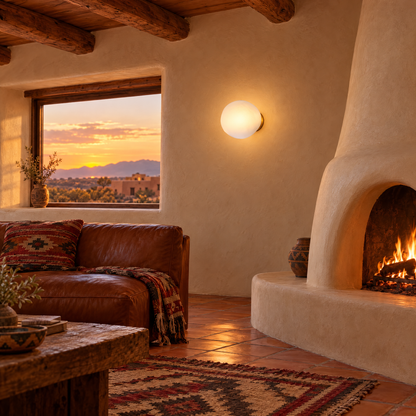 Opaline wall sconce in White &amp; Gold, shape ∅8.6" x H8.6" in a Santa Fe pueblo-style living room