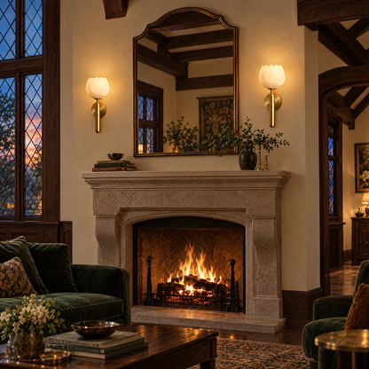 Mian alabaster flower wall sconce in brass above the mantel in a Tudor Revival living room