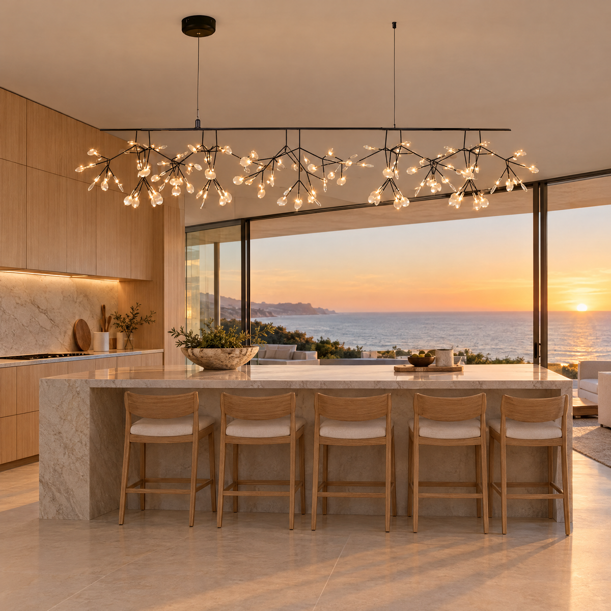 Luciole firefly LED branch chandelier in black, L59" linear, in a Malibu contemporary kitchen