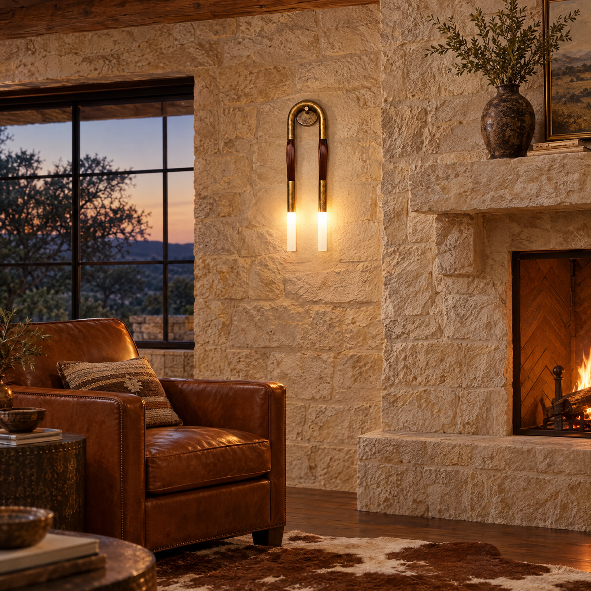Palomino wall sconce in aged bronze &amp; brown in a Texas Hill Country stone house living room