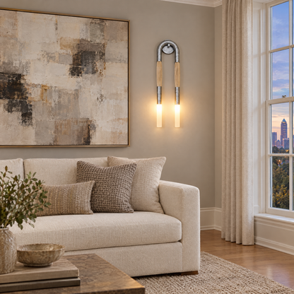Palomino wall sconce in nickel &amp; beige in an Atlanta transitional home living room