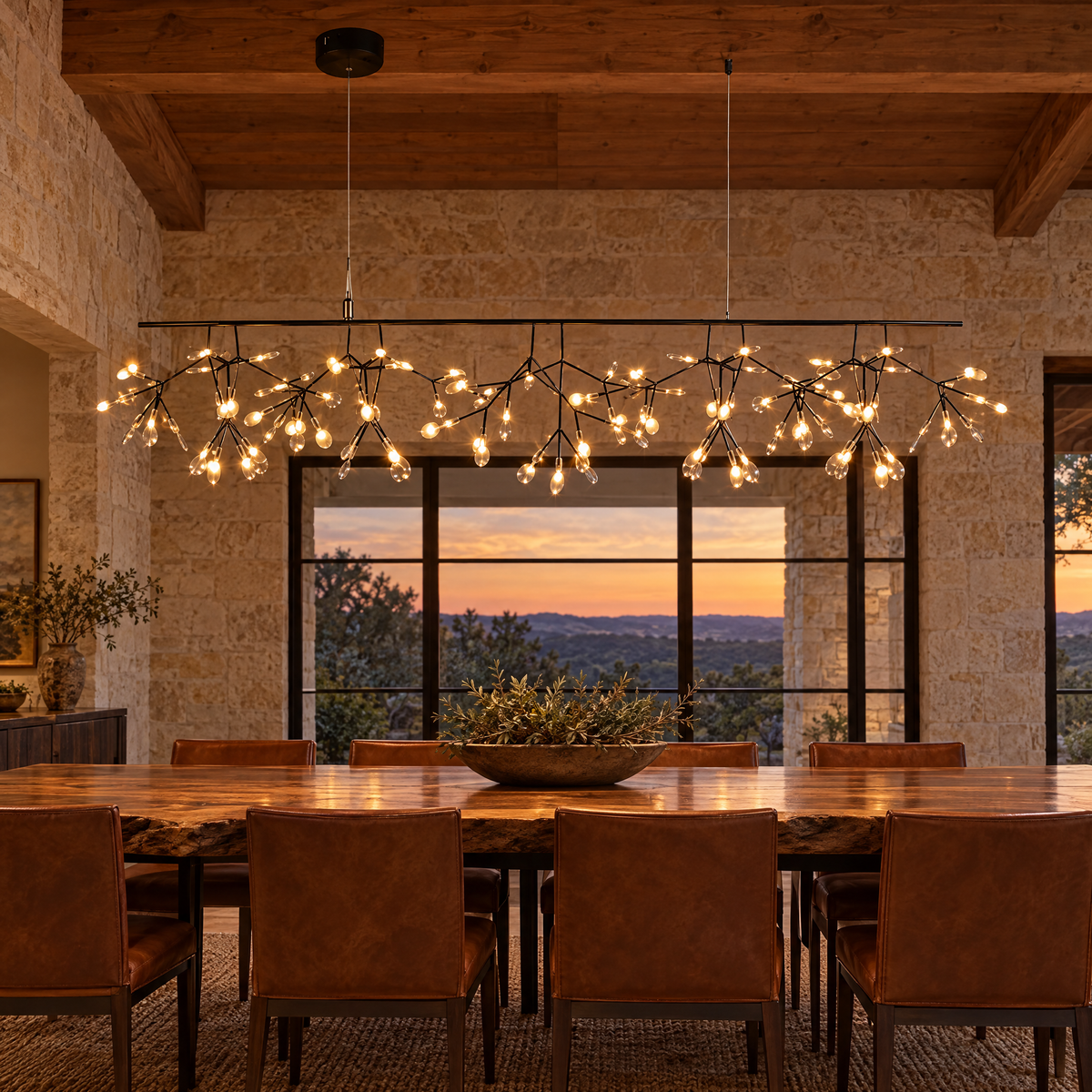 Luciole firefly LED branch chandelier in black, L59" linear, in a Texas Hill Country stone house dining room