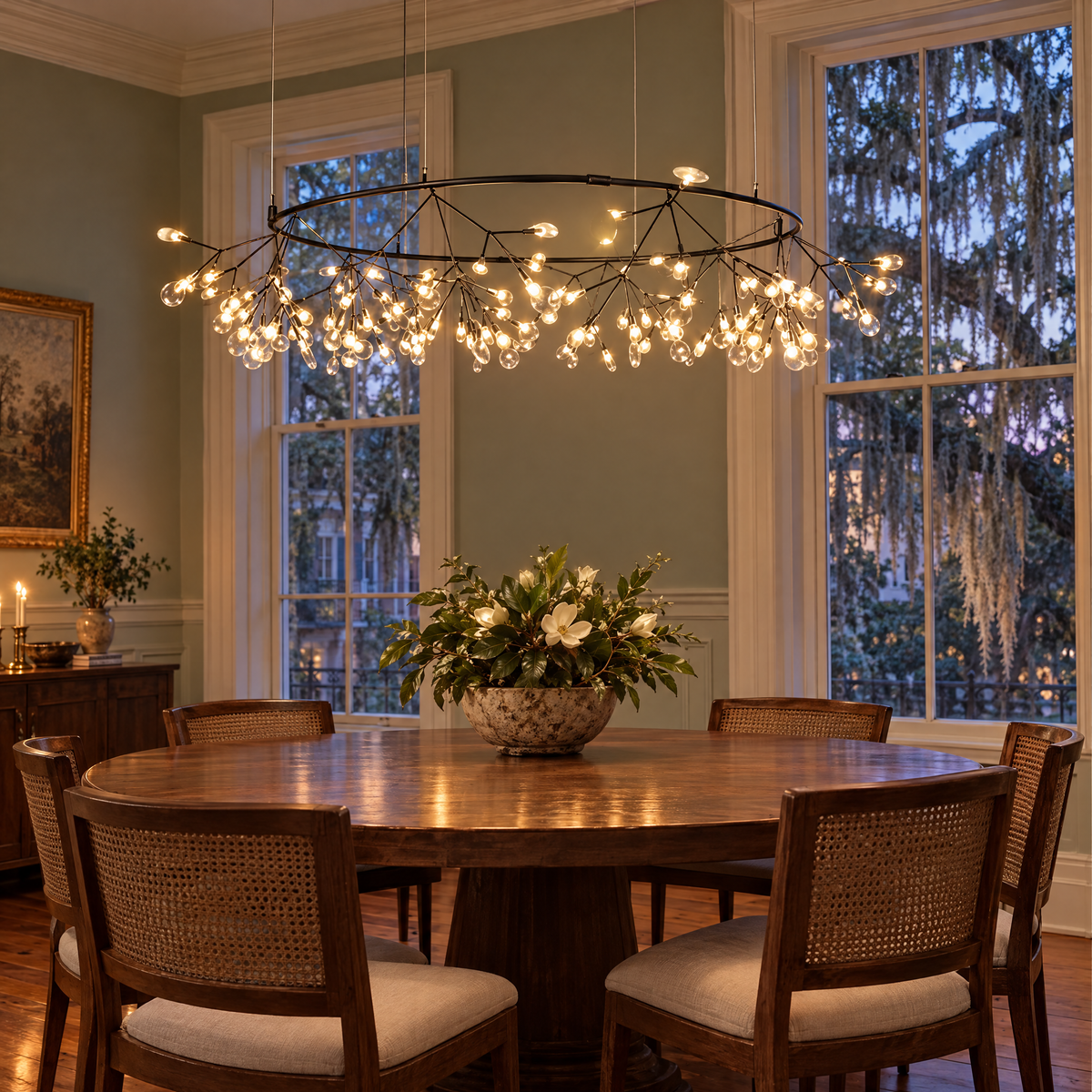 Luciole firefly LED branch chandelier in black, ∅41.3" x H13.8" round, in a Savannah historic home dining room