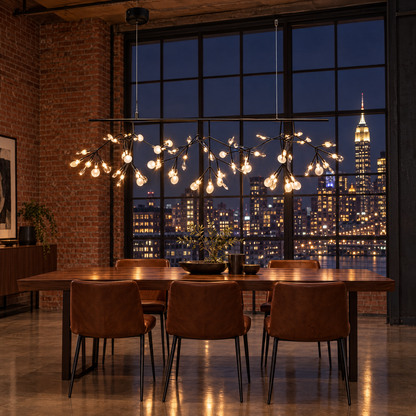 Luciole firefly LED branch chandelier in black, L39.3" linear, in a Manhattan loft dining area