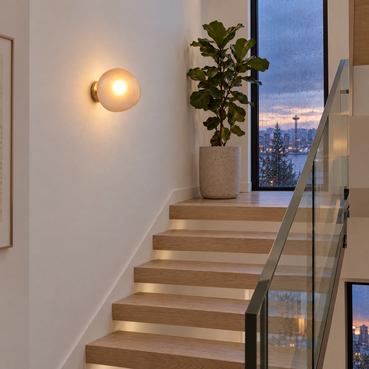 Opaline wall sconce in Amber &amp; Gold, shape ∅8.6" x H8.6" in a Seattle modern townhouse stairwell