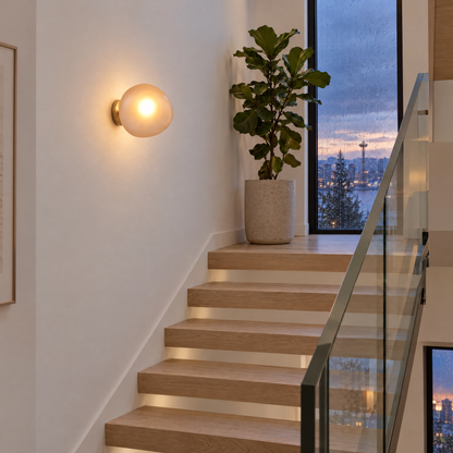 Opaline wall sconce in Amber &amp; Gold, shape ∅8.6" x H8.6" in a Seattle modern townhouse stairwell