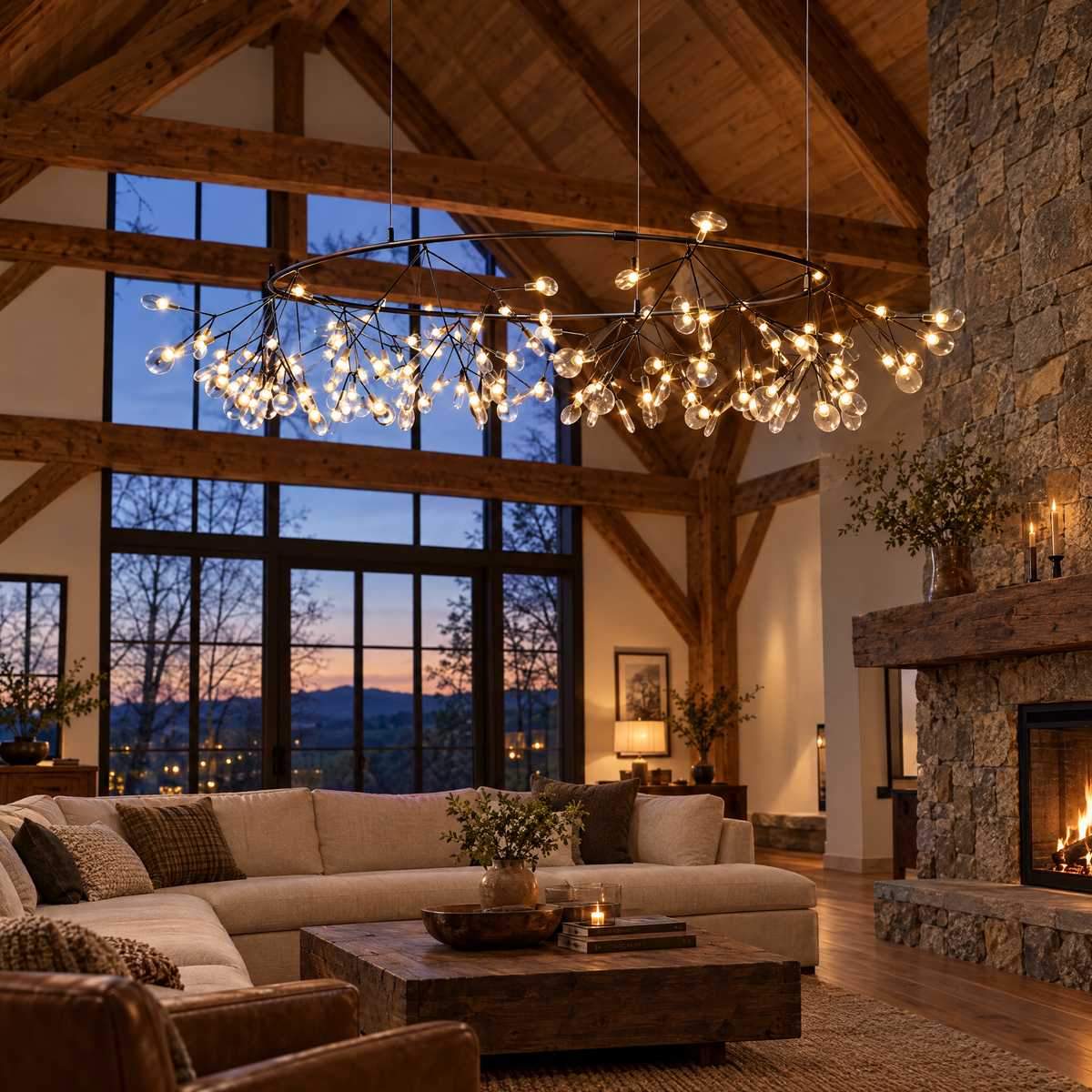 Luciole firefly LED branch chandelier in black, ∅49.2" x H13.8" round, in an Upstate New York barn conversion living room