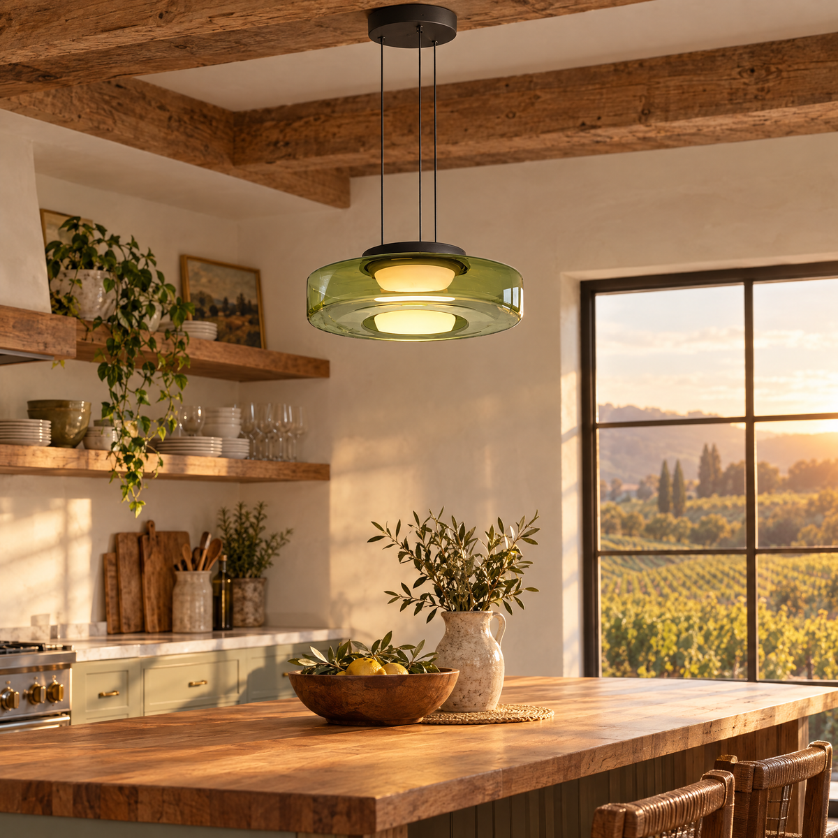 Echelon glass pendant light in green with 1 glass layer over the island in a Napa Valley farmhouse kitchen