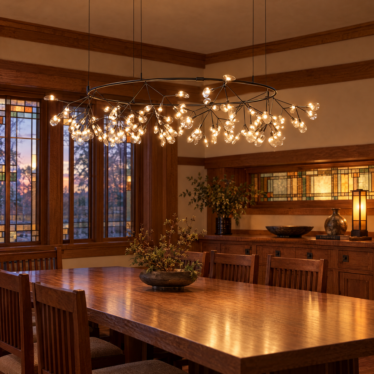Luciole firefly LED branch chandelier in black, ∅49.2" x H13.8" round, in a Prairie-style home dining room
