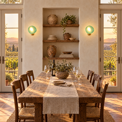 Opaline wall sconce in Green &amp; Gold, shape ∅8.6" x H8.6" in a Napa Valley farmhouse dining room