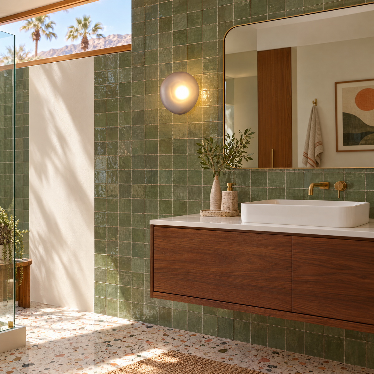 Opaline wall sconce in Smoky Gray &amp; Gold, shape ∅8.6" x H8.6" in a Palm Springs mid-century bathroom