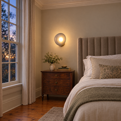Opaline wall sconce in Smoky Gray &amp; Gold, shape ∅8.6" x H8.6" in a Virginia Greek Revival bedroom