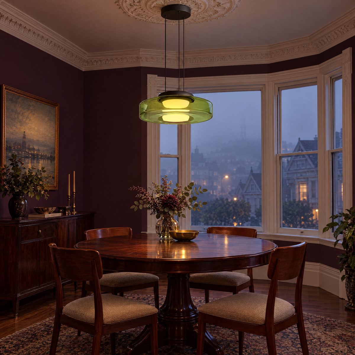 Echelon glass pendant light in green with 1 glass layer in a Victorian San Francisco row house dining room