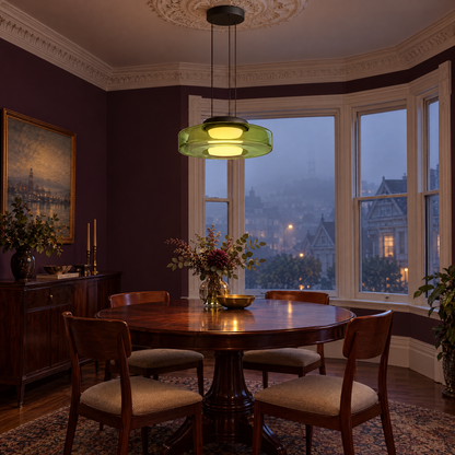 Echelon glass pendant light in green with 1 glass layer in a Victorian San Francisco row house dining room