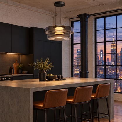 Echelon glass pendant light in smoke grey with 2 glass layers over the island in a Manhattan loft kitchen