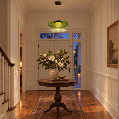 Echelon glass pendant light in green with 2 glass layers in a Charleston single house foyer