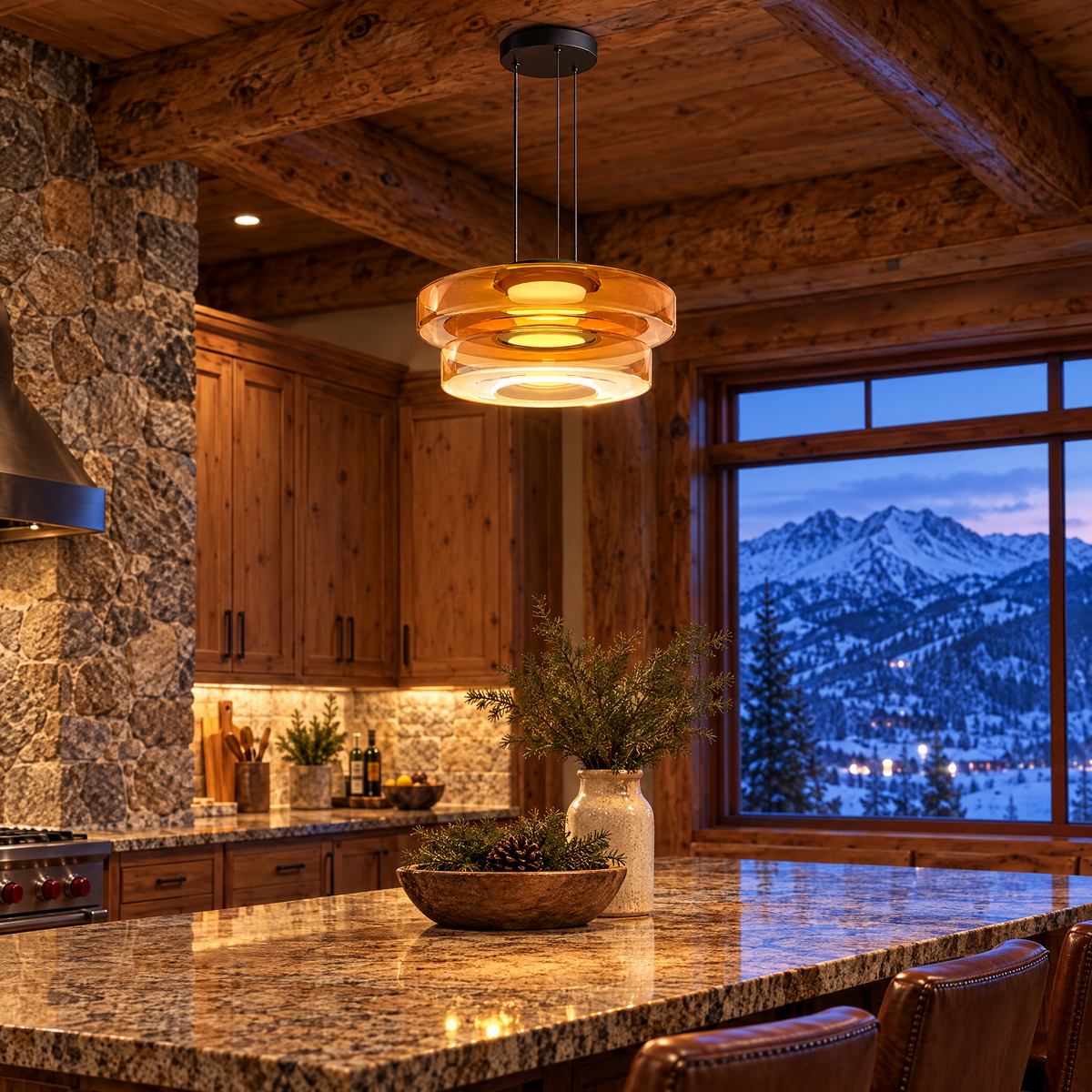 Echelon glass pendant light in amber with 2 glass layers over the island in a Colorado mountain lodge kitchen