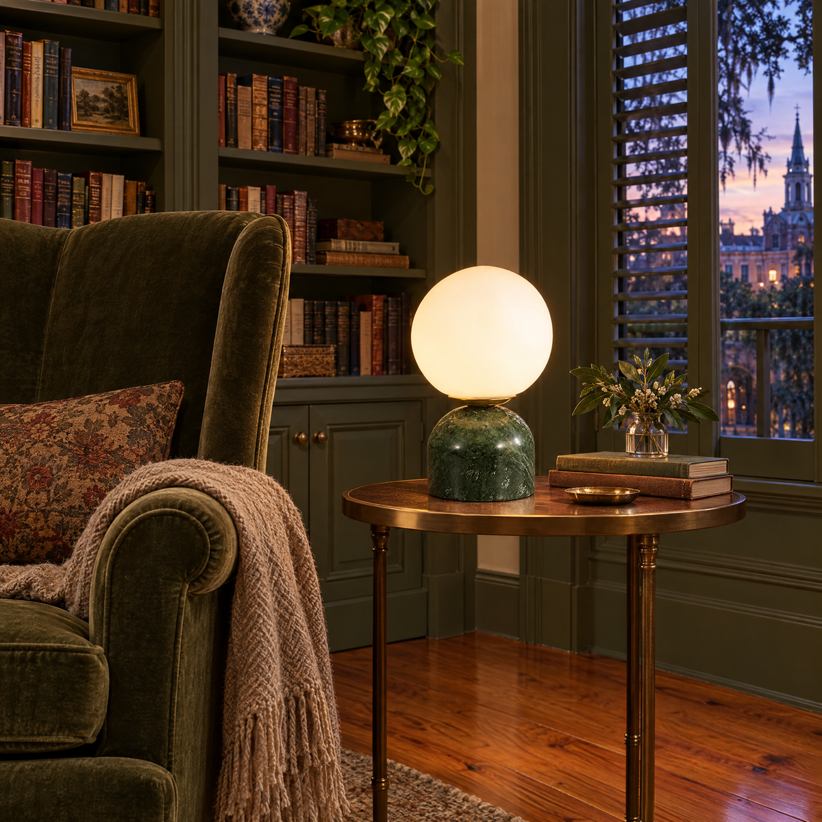Sylas table lamp in green marble in a Savannah historic home reading nook