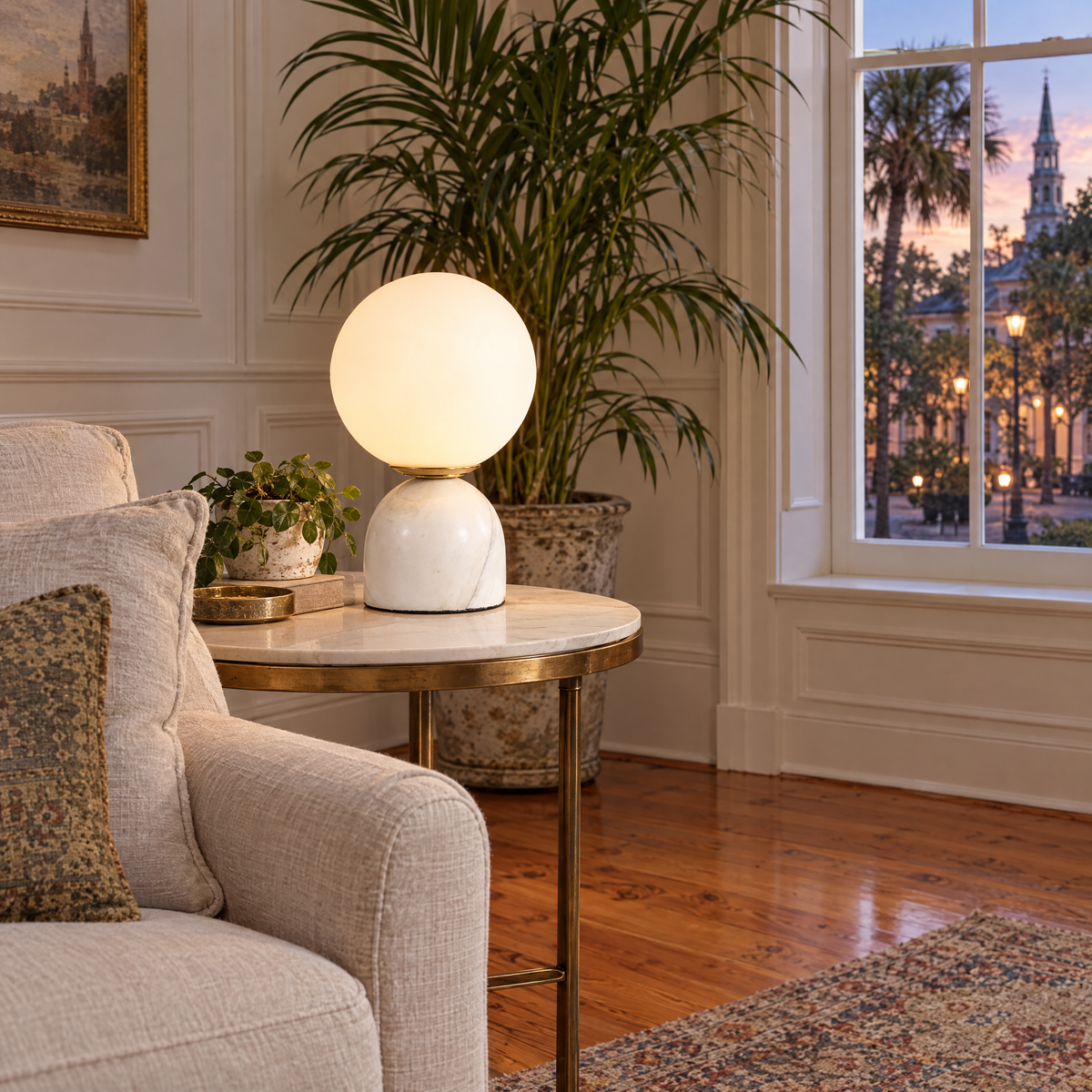 Sylas table lamp in white marble in a Charleston single house living room