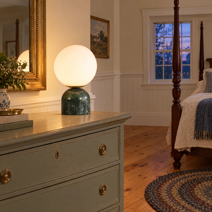 Sylas table lamp in green marble in a New England colonial bedroom