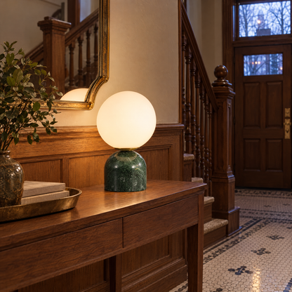 Sylas table lamp in green marble in a Chicago greystone entryway