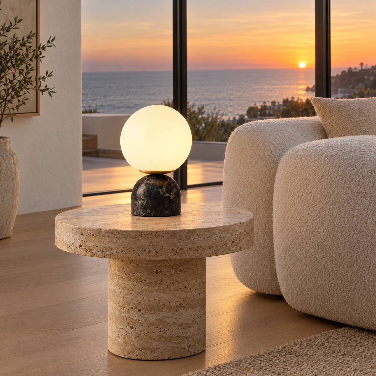 Sylas table lamp in black marble in a Malibu contemporary living room