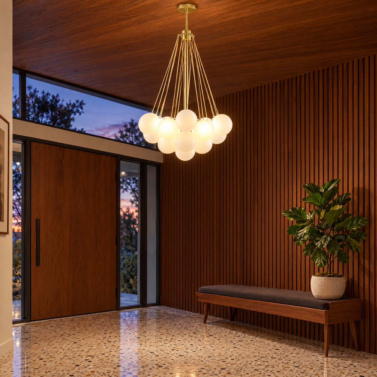 Bulle bubble chandelier in gold &amp; white frosted glass, ∅15.8" x H33.5", in a mid-century ranch entryway
