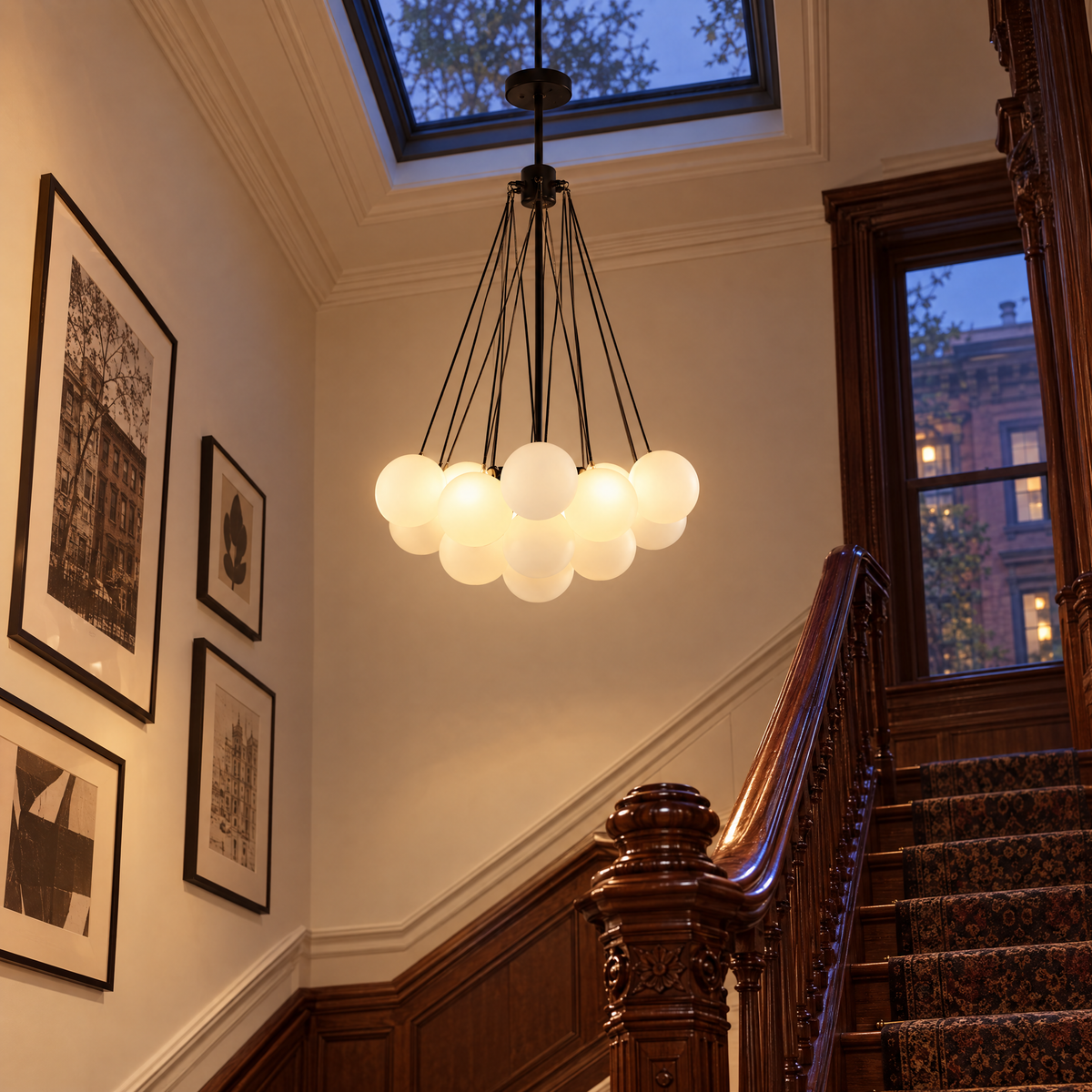 Bulle bubble chandelier in black &amp; white frosted glass, ∅15.8" x H33.5", in a Brooklyn brownstone stairwell