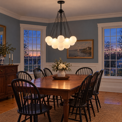 Bulle bubble chandelier in black &amp; white frosted glass, ∅15.8" x H33.5", in a New England colonial dining room