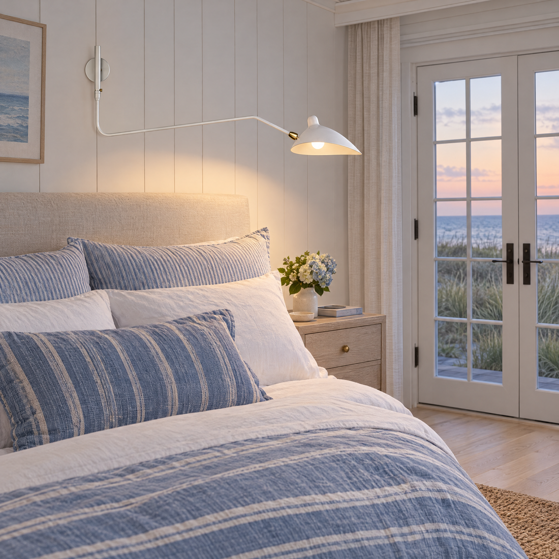 Rivoli swing arm wall sconce in White, single arm in a Hamptons shingle-style beach house bedroom