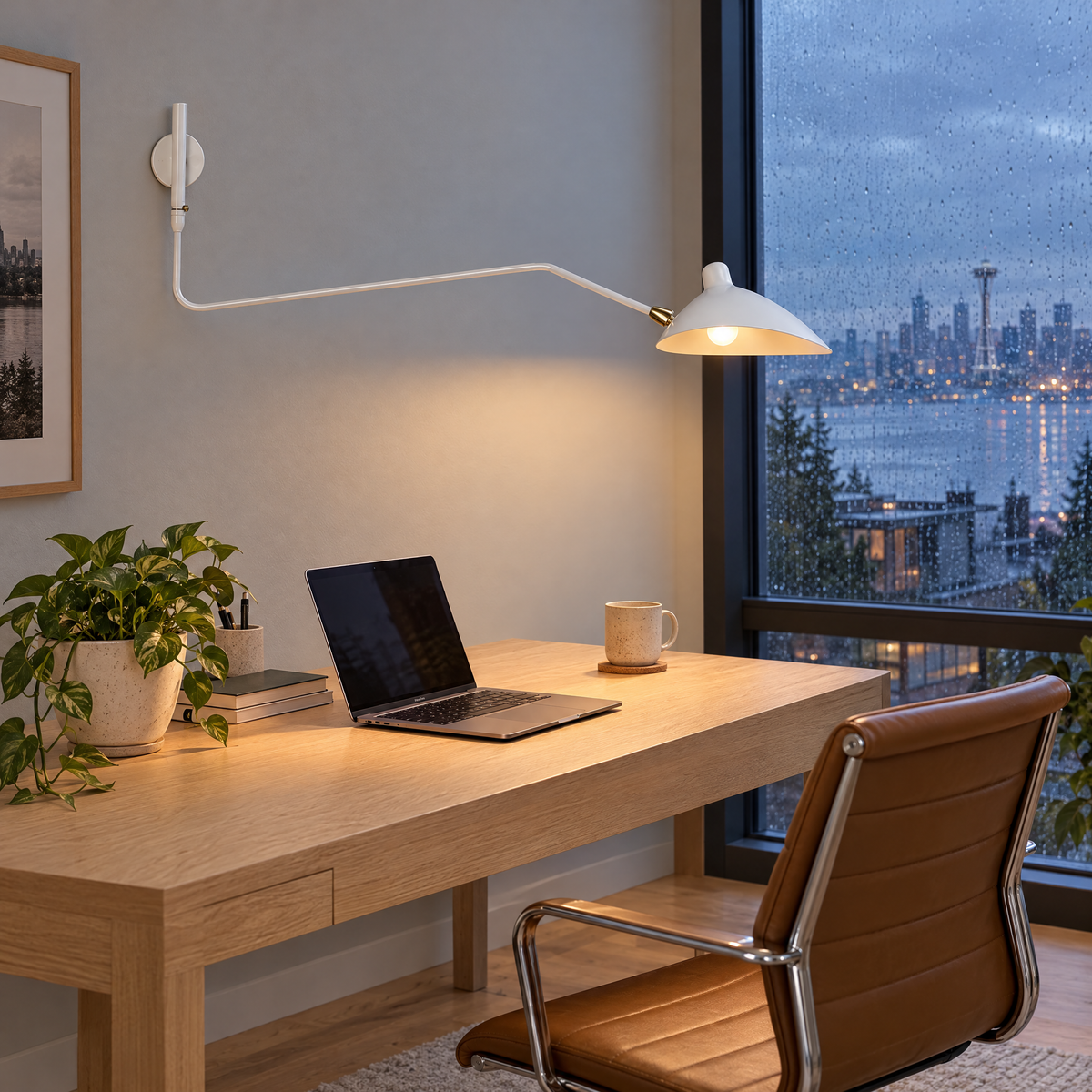 Rivoli swing arm wall sconce in White, single arm in a Seattle modern townhouse home office