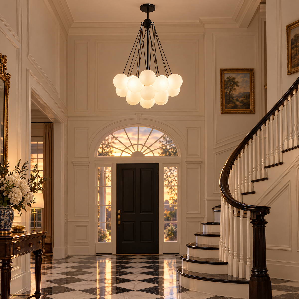 Bulle bubble chandelier in black &amp; white frosted glass, ∅23.6" x H29.5", in a Southern plantation-style home foyer