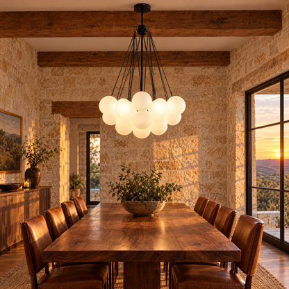 Bulle bubble chandelier in black &amp; white frosted glass, ∅23.6" x H29.5", in a Texas Hill Country stone house dining room