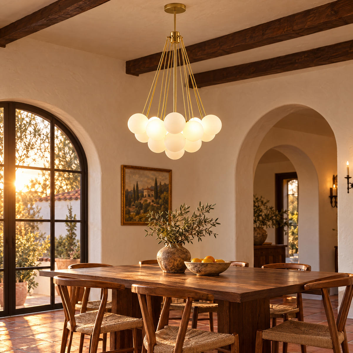 Bulle bubble chandelier in gold &amp; white frosted glass, ∅23.6" x H29.5", in a California Spanish Revival dining room
