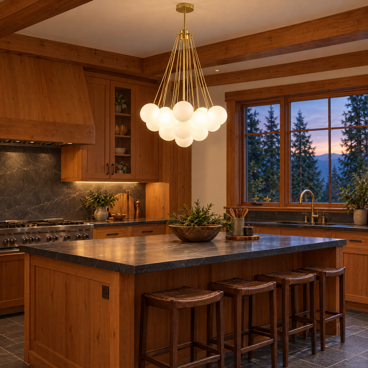Bulle bubble chandelier in gold &amp; white frosted glass, ∅23.6" x H29.5", in a Pacific Northwest craftsman kitchen