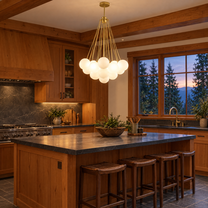 Bulle bubble chandelier in gold &amp; white frosted glass, ∅23.6" x H29.5", in a Pacific Northwest craftsman kitchen