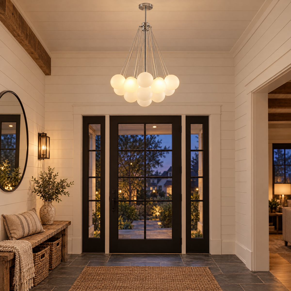Bulle bubble chandelier in chrome &amp; white frosted glass, ∅15.8" x H33.5", in a modern farmhouse foyer